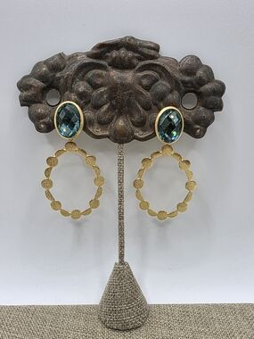 Gold Hoop Drop Earrings with Teal Crystal Studs